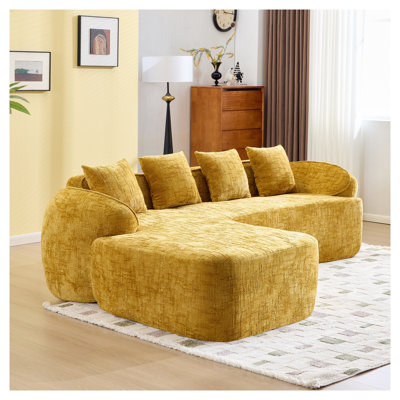 Canapé en L jaune en chenille avec mousse et bourre à ressorts, emballage comprimé pour le salon