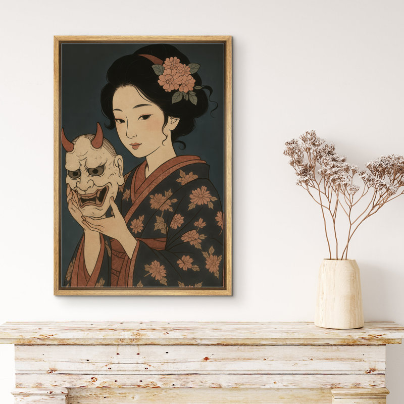 «Woman with Demon Mask in Floral Kimono Art», reproduction d'art sur toile encadrée, H 24 po x l 16 po x P 1,5 po