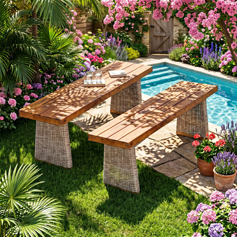 Christopher Knight Home 57" W x 14.5" D x 18" H Solid Acacia Wood Set of 2 Patio Benches