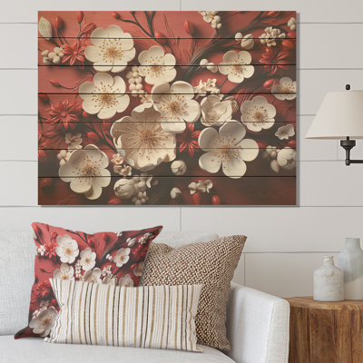 Orchidées blanches et rouges III - Floral abstrait sur bois
