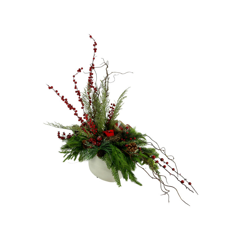 Holiday Centerpiece With Pine, Berries, Pinecones, And Decorative Bird