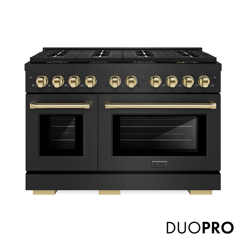 ZLINE Autograph 48 po. Cuisinière à double carburant en acier inoxydable noir avec surface de cuisson DuoPro et accents dorés