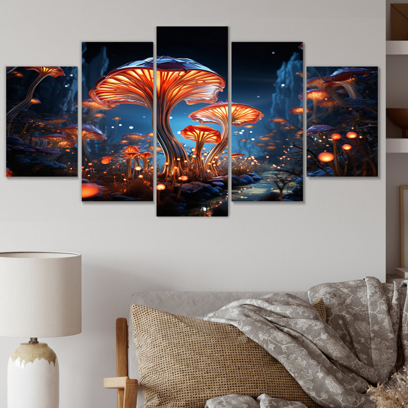 Magical Mushroom Glowing Midnight Forest III - Champignon, salon d'art mural - 5 panneaux