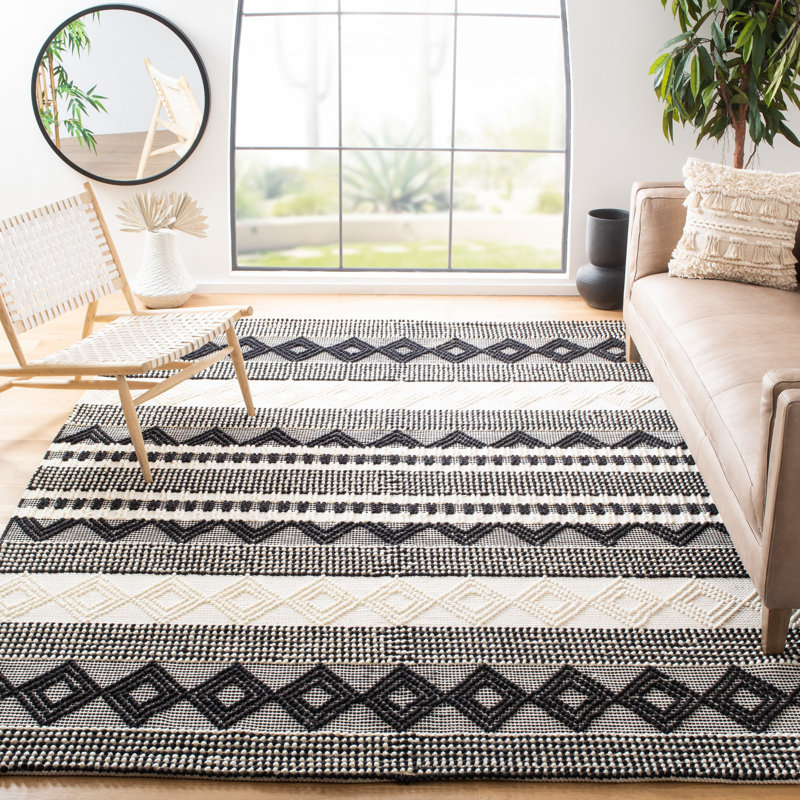 Tapis rayé en laine / coton ivoire / noir Stimpson, Rectangle 9 pi x 12 pi