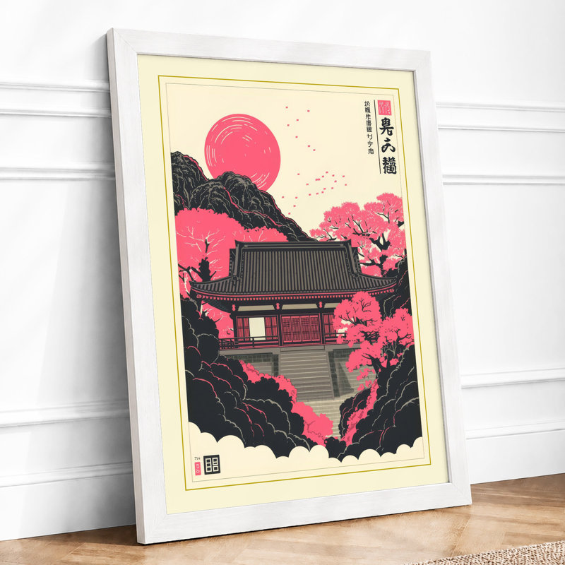 Temple Among Blossoms Japandi - Framed Print, A3 - 42.0 x 29.7 cm, White