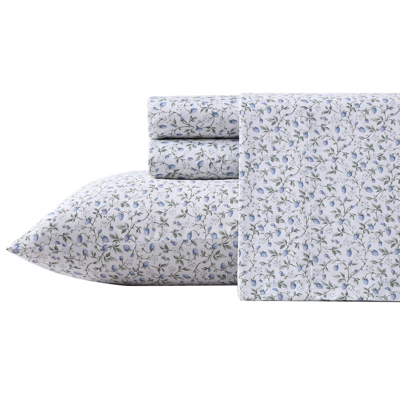 Blue Floral Print Cotton Queen Sheet Set