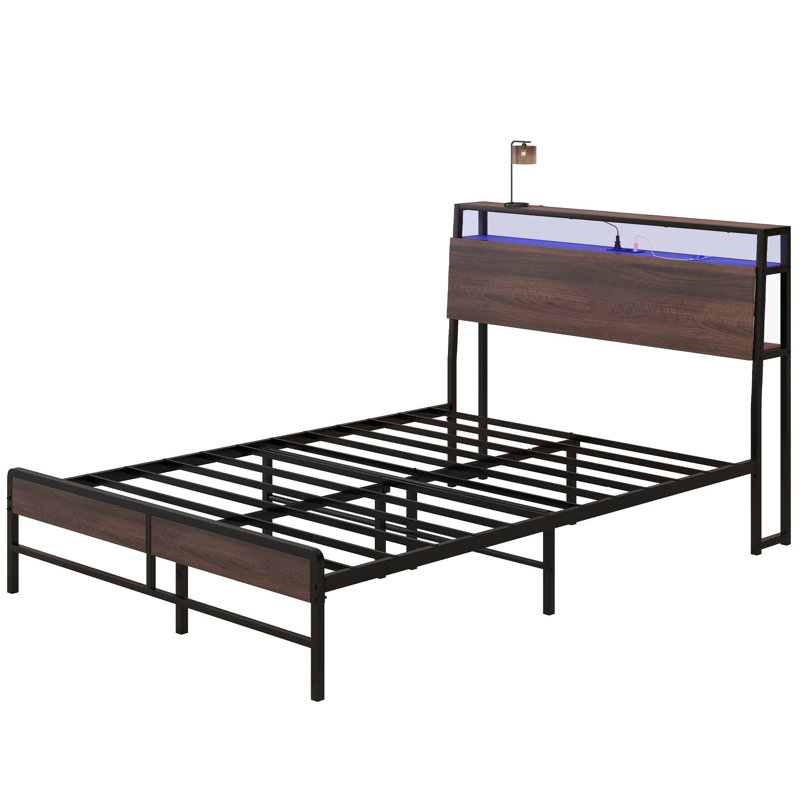 Cadre de lit avec tête de lit, cadre de lit plateforme avec lumières à DEL, station de charge, tablette de rangement à 3 niveaux, lattes en acier, assemblage facile et silencieux sans sommier