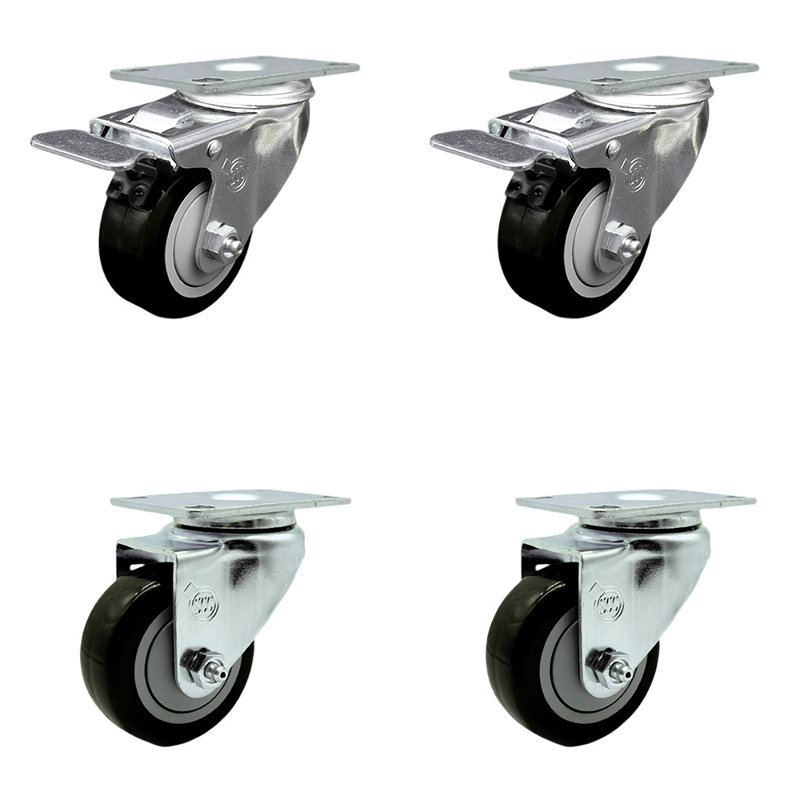 3.5 Inch Polyurethane Wheel Swivel Top Plate Caster Set 2 Total Lock Brake, Noir