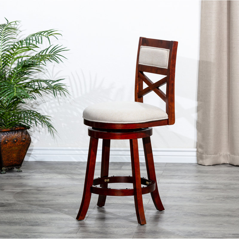 Tabouret en cerisier, siège en tissu beige pour magnifique siège pivotant en cerisier avec housse souple