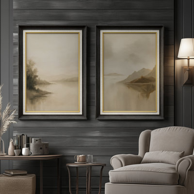 Calm Lake Mountain Reflection Neutral Toned Scenery - Set of 2 Premium Framed Wall Art Print on Paper 26"x36"