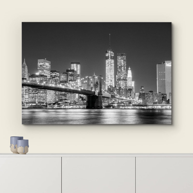 «Architecture Building», art de toile de Manhattan et pont de Brooklyn noir et blanc, art de la maison, H 16 po x l 24 po, 1