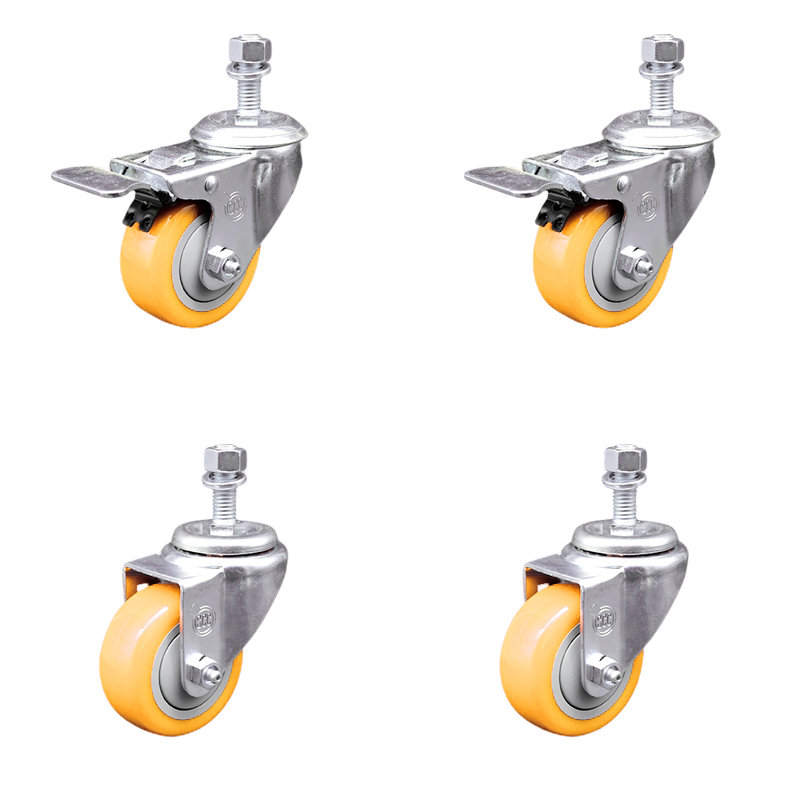 Ensemble de 3 roulettes à tige filetée en polyuréthane jaune de 3 pouces avec filetage de 12 mm et 2 freins