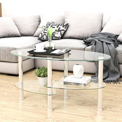 Transparent Living Room Coffee Table - Stainless Steel Leg, Spacious 3-Layer Design Modern Oval Glass With Leg For Room, Versatile Style
