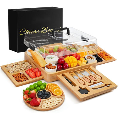 Charcuterie Board With Lid – Large Bamboo Cheese Board Set With Utensils & Drawers – Housewarming, Wedding Gifts For Couples, Serving Tray With Cover (Black)