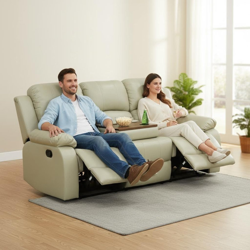 Canapé inclinable 3 places en cuir recyclé beige avec console rabattable et porte-gobelets | Canapé de salon multifonctionnel, structure en bois massif, revêtement en cuir respirant, dossier ergonomique réglable pour la détente à la maison
