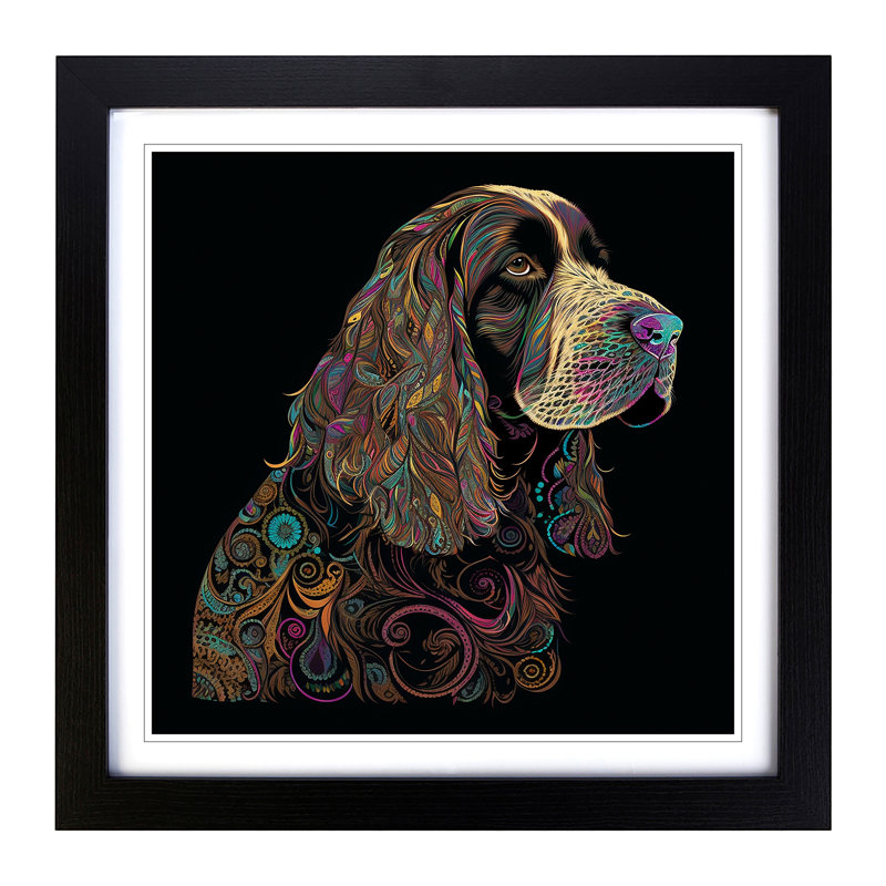 Cocker Spaniel Paisley Art - Single Picture Frame Print on Wood, Black