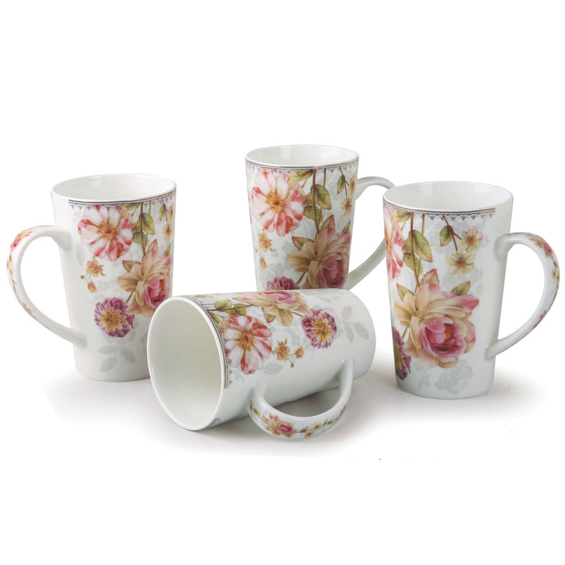 Floral Pink Ceramic Tall Coffee Mugs Set