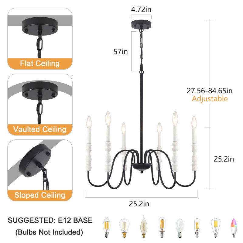 6-Light Dimmable Candle Chandelier, Classic Black Iron Farmhouse Pendant with Curved Arms for Dining Room Kitchen Island Bedroom