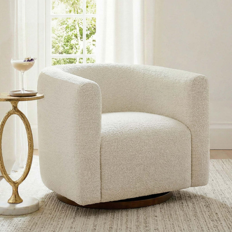 Becki Owens for Joss & Main Upholstered Swivel Barrel Chair, Merino Pearl Performance Boucle