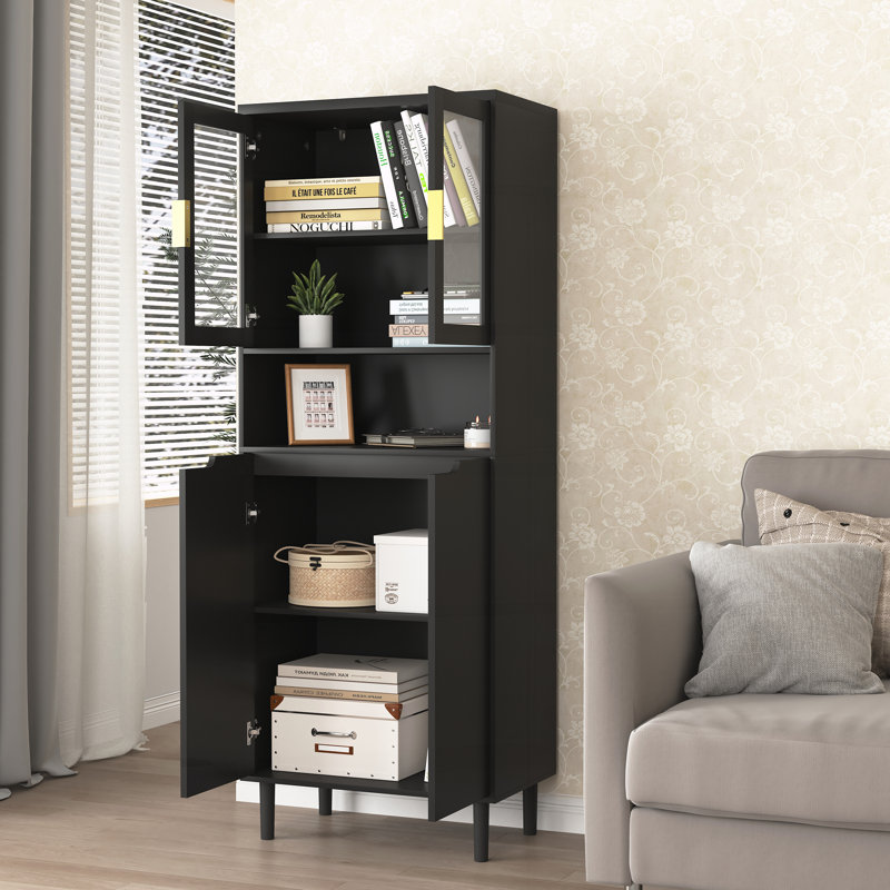 Tempered Glass Door Tall Storage Bookcase, Black