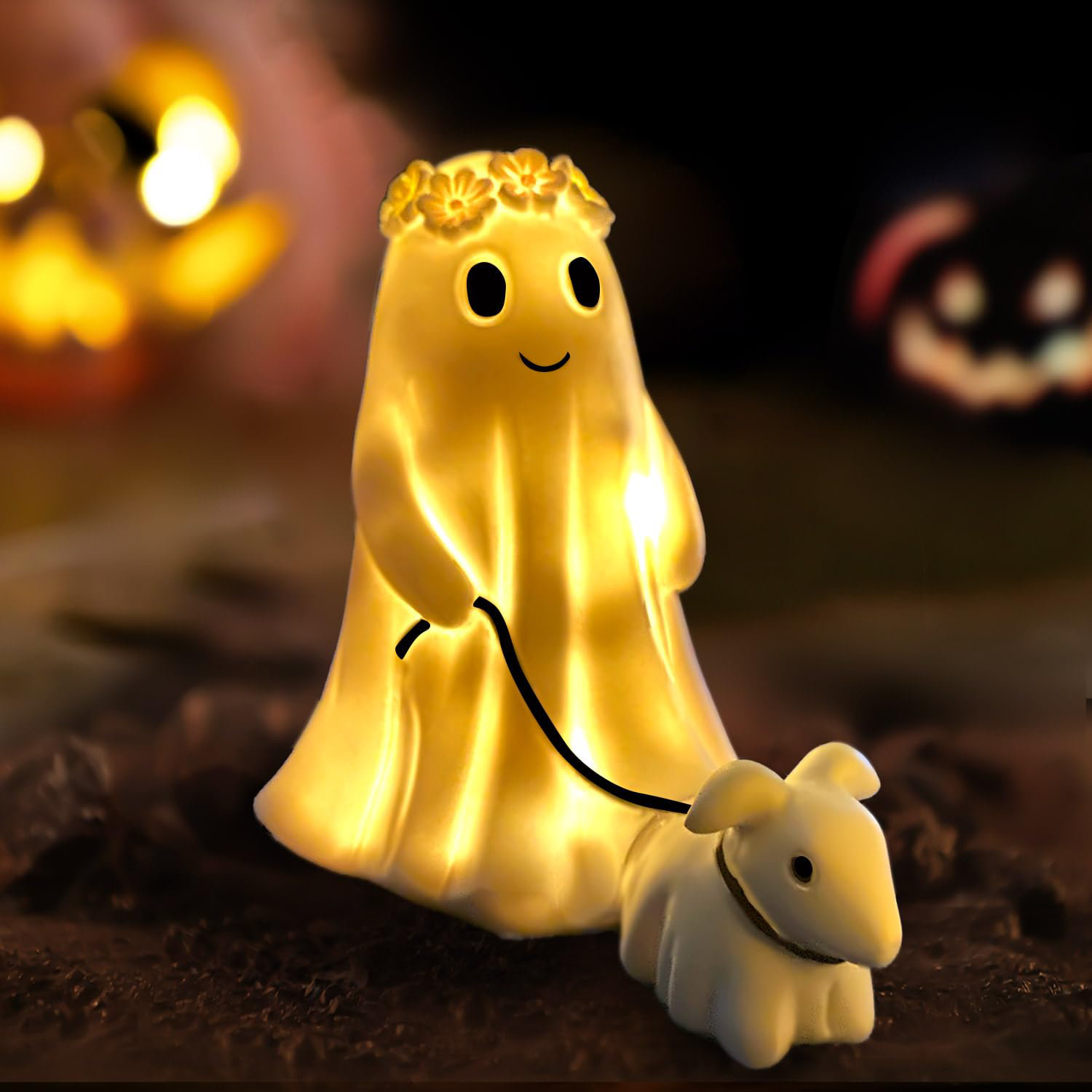 Halloween Geist Mit Hund Statue - Lustige Garten Deko Mit LED Beleuchtung