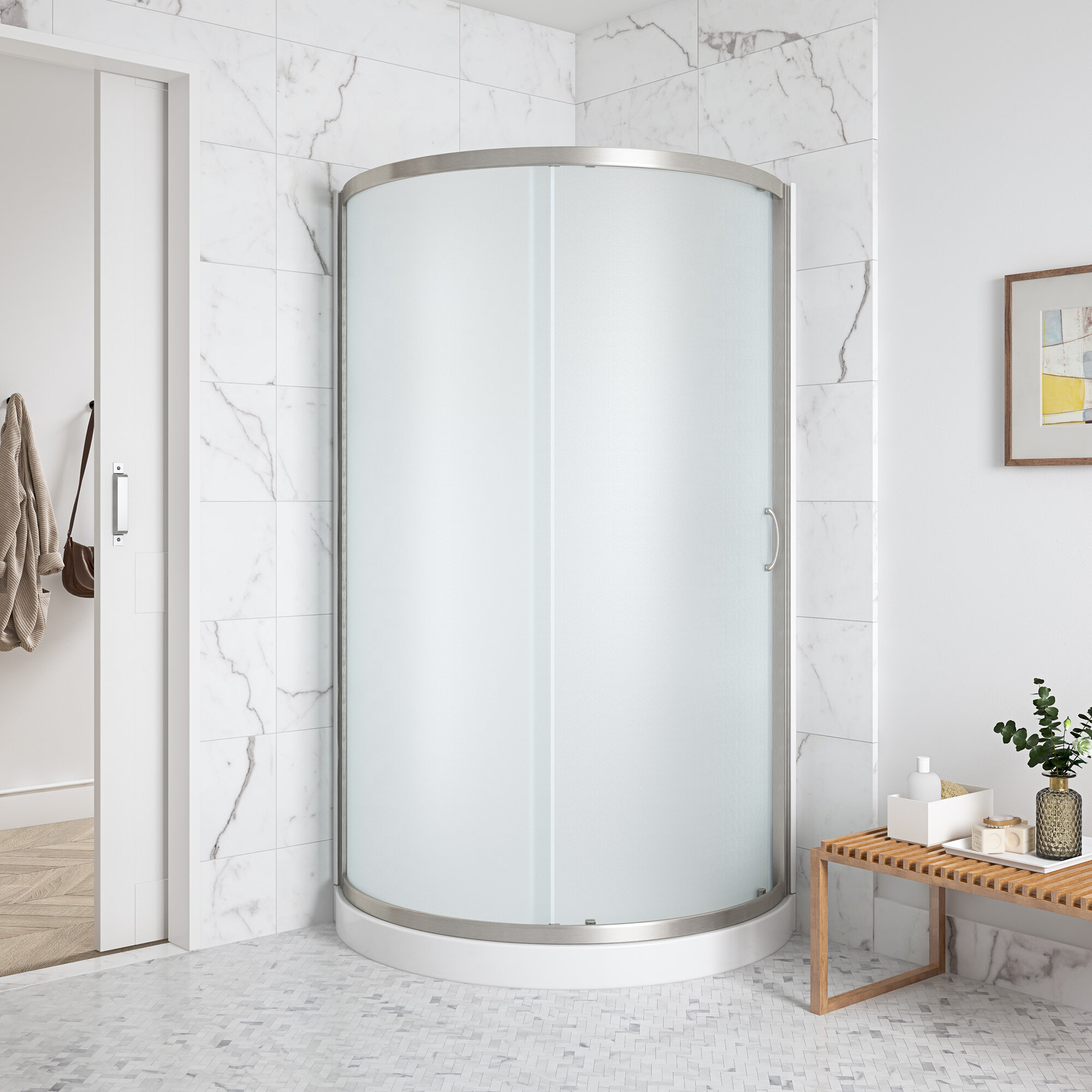 Modern Shower Stall Frosted Single Sliding Shower Stall in White