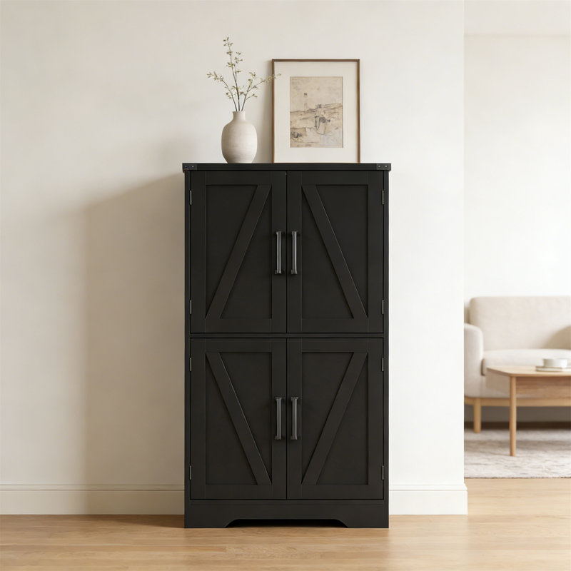 Farmhouse Black Bathroom Storage Cabinet With Doors And Adjustable Shelves, Freestanding