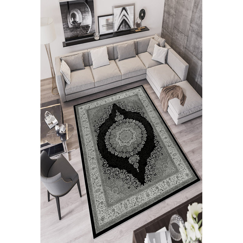 Stylish Area Carpet, Grey, 4.6 x 7.2 Feet | 100% Polyester, 650 g/m² | Antibacterial, Eco-Friendly, Non-Slip PVC Dot Underside | Machine Washable, Digital Printed, Perfect for Living Room & Bedroom Décor