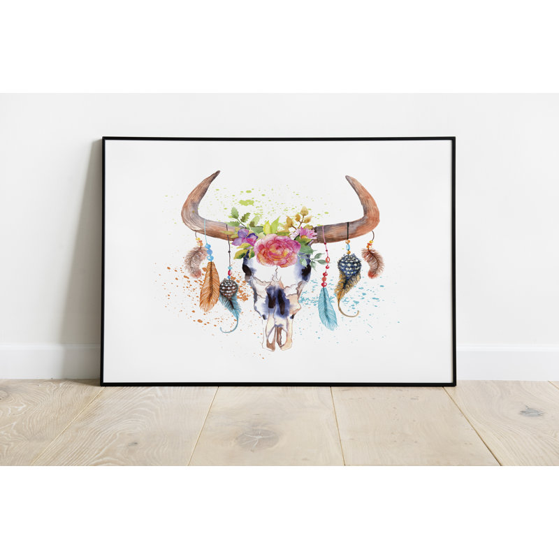 Floral Feathers Bull Skull Head - Painting, 20cm H x 30cm W x 2.5cm D, White