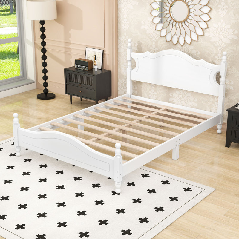 Lit plateforme en bois avec structure solide et support en lattes de bois, Double, Blanc
