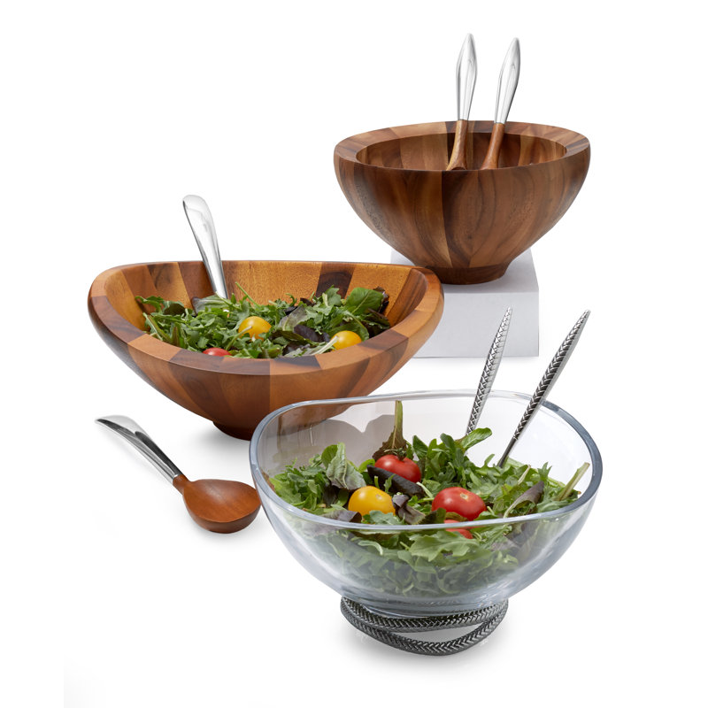 Acacia Wood and Alloy Crescent Salad Bowl with Servers