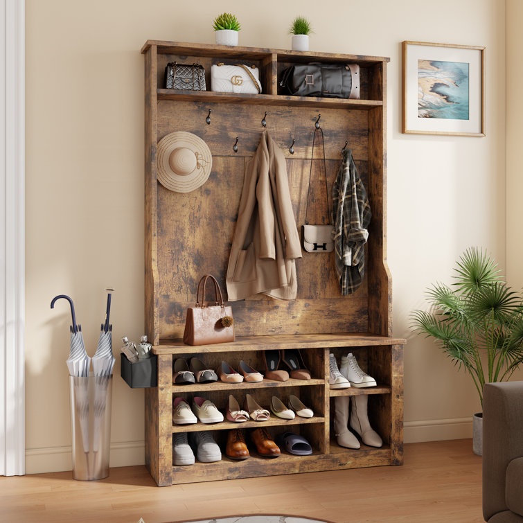 Large Shoe Bench With Side Basket Long Shelf Seat With Rustic Top