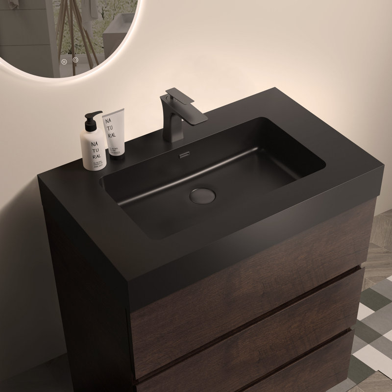 Meuble-lavabo autoportant de 30 po avec lavabo et grand rangement pour salle de bain, Noyer / noir