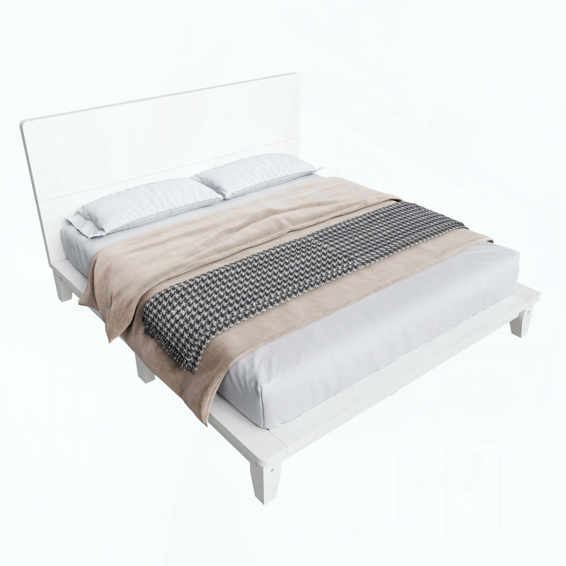 Base de lit plateforme avec tête de lit et lattes en bois, Double, Blanc