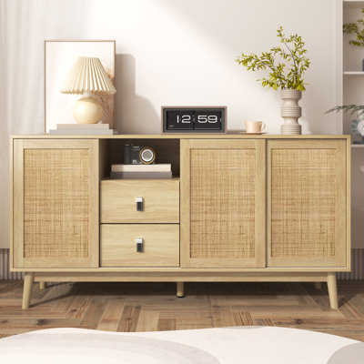 Buffet moderne Opaline de 61 pouces avec 3 portes coulissantes en rotin et 2 tiroirs