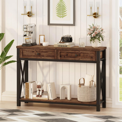 Aust 47.24'' Console Table With Drawers, Wood And Metal Sofa Table For Living Room, Industrial 2 Tier Entryway Table For Hallway, Foyer, Front Door, E