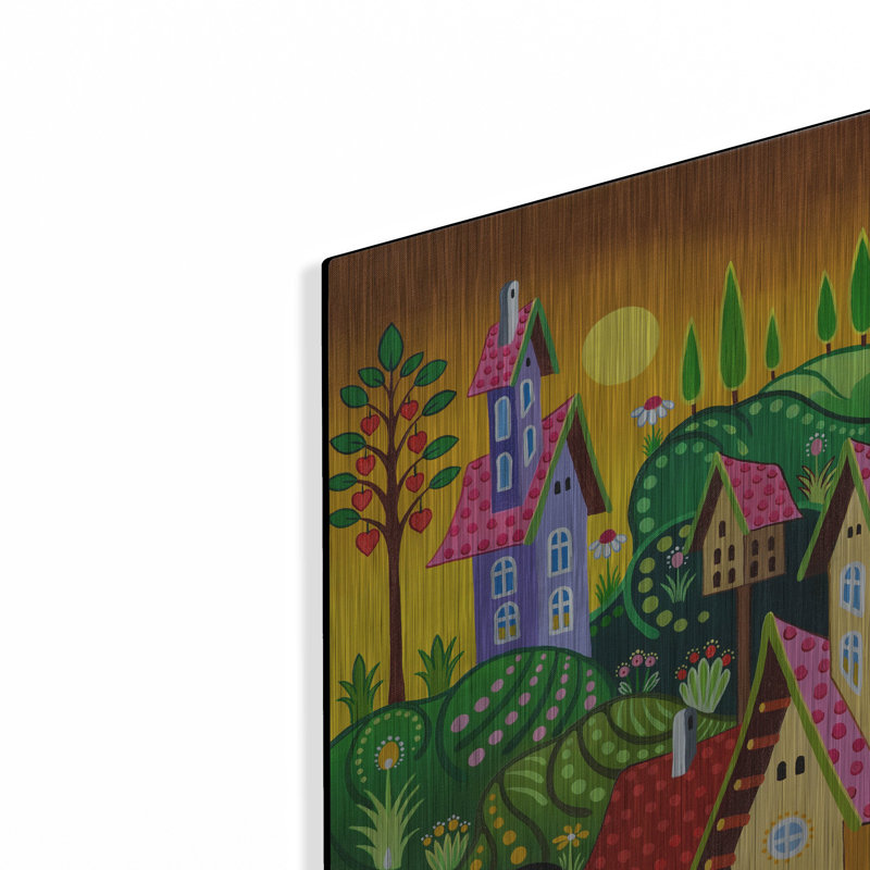  «Homestead With Golden Sunset» par Koday, art mural en métal, 24 po x 24 po, H 24 po x l 24 po