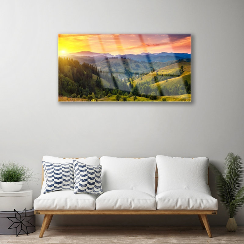 Nature Sun Mountain Forest Meadow 1 Piece Wall Art on Glass