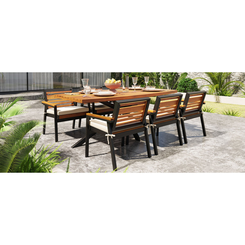 Ensembles de salle à manger de patio moderne, 7 pièces en métal acacia
