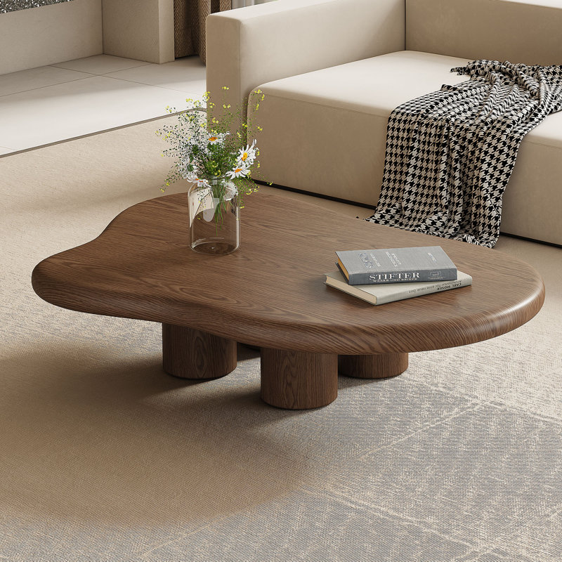 48.5" Rustic Wood Coffee Table, Round Coffee Table with Cloud Shaped Design Cloud Coffee Table Made of Solid Wood & Manufactured Wood and Vintage Walnut Veneer Finish for Living Room