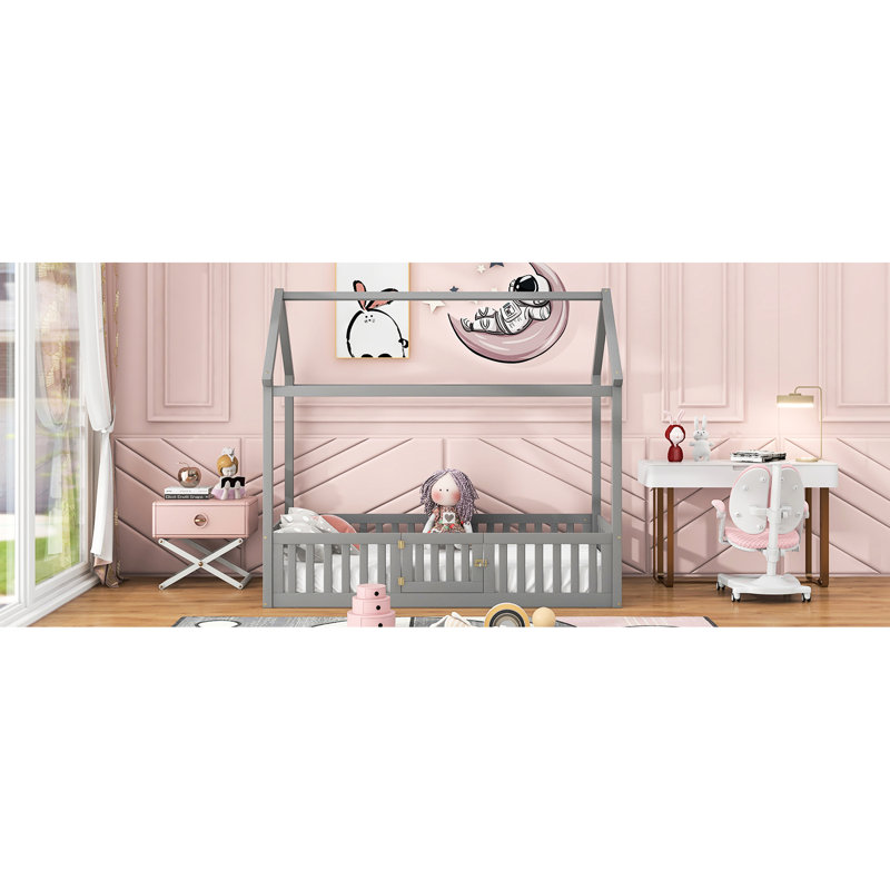 Lit simple en bois avec clôture et porte en bois de pin gris, Twin, Gray