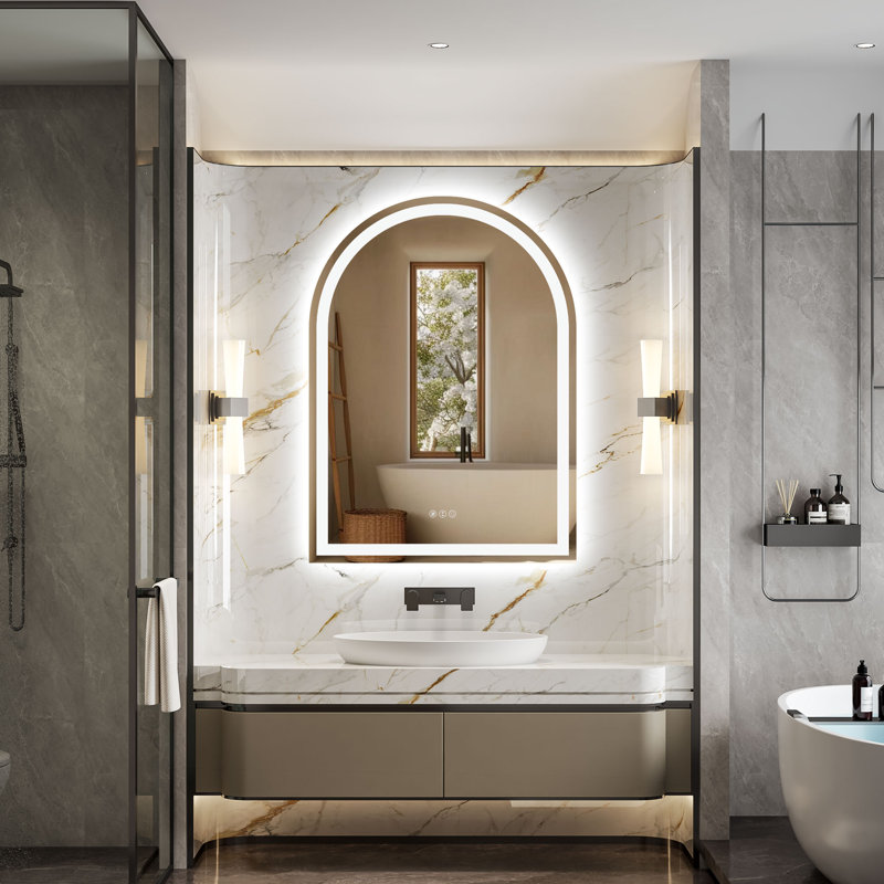 Miroir de salle de bain sans cadre à DEL avec éclairage à 3 lumières à intensité variable, antibuée et verre trempé