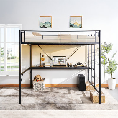 Metal Loft Bunk Bed Frame For Kids Teens Adults With Desk Underneath,2 Charging Station,LED Lights,Safety Guardrail And Stair,No Box Spring Needed,Black