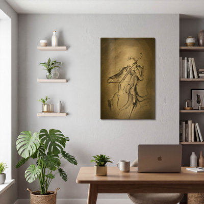 «The Cellist» par Marc Allante, art mural en métal doré, 24 po x 36 po