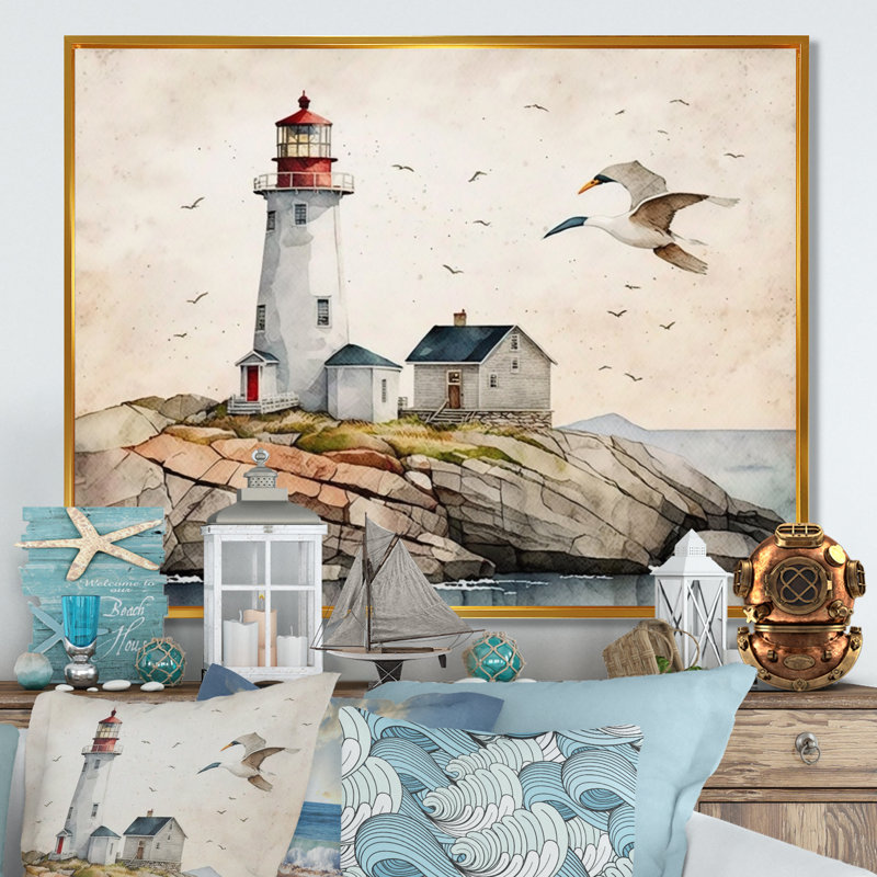 Lighthouse by the Ocean II - Print on Canvas, 12" H x 20" W x 1" D, Gold Floater Framed