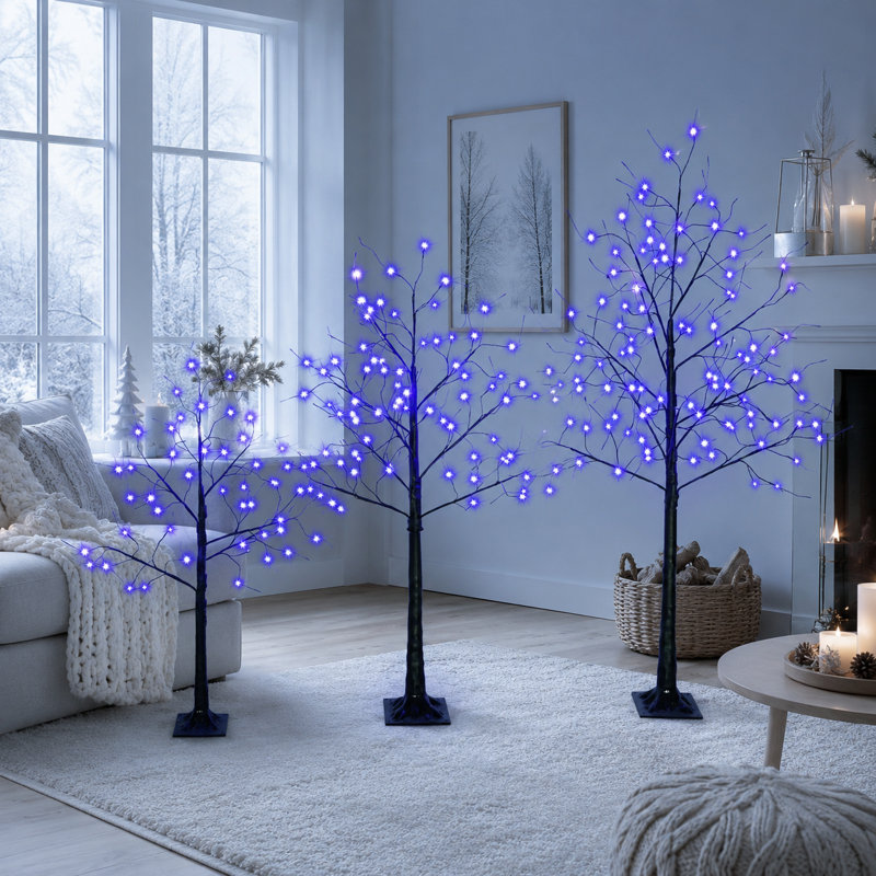 Arbre artificiel noir pré-éclairé avec lumières DEL mauves, branches réglables et support robuste pour la décoration intérieure des Fêtes