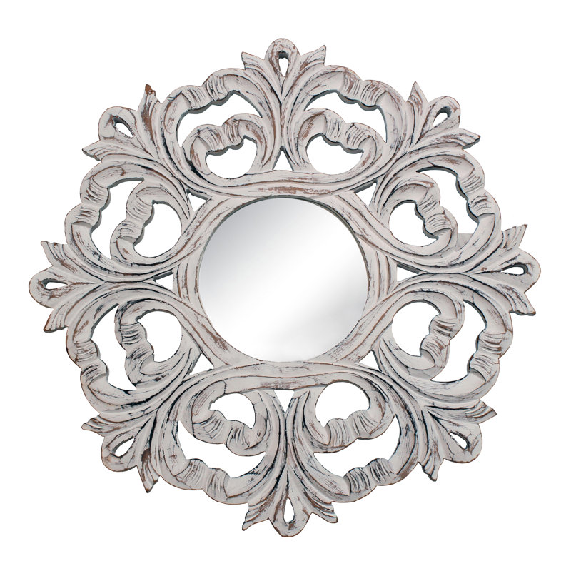 Miroir mural rustique sculpté rond - 23,5 po de diamètre - Blanc
