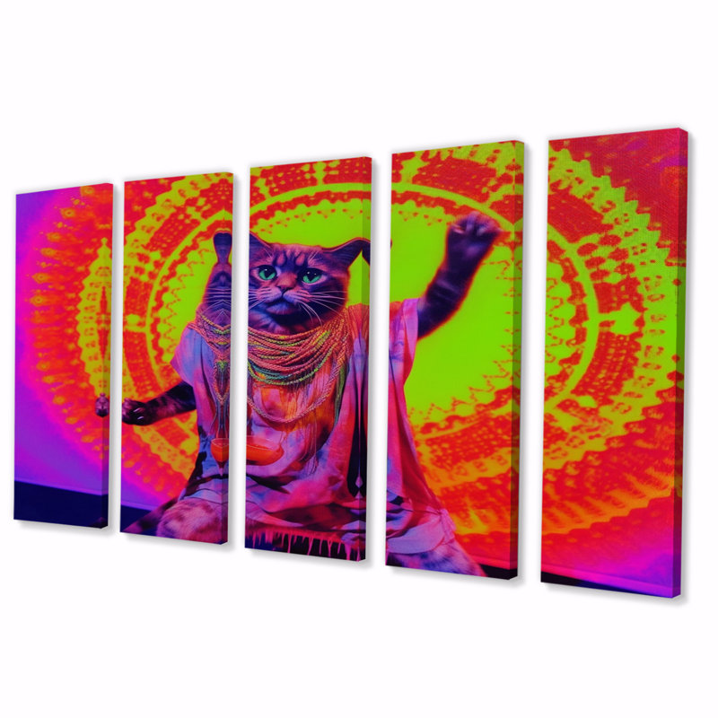 «Rave Cat In Neon», art mural animaux sur toile, 5 panneaux égaux