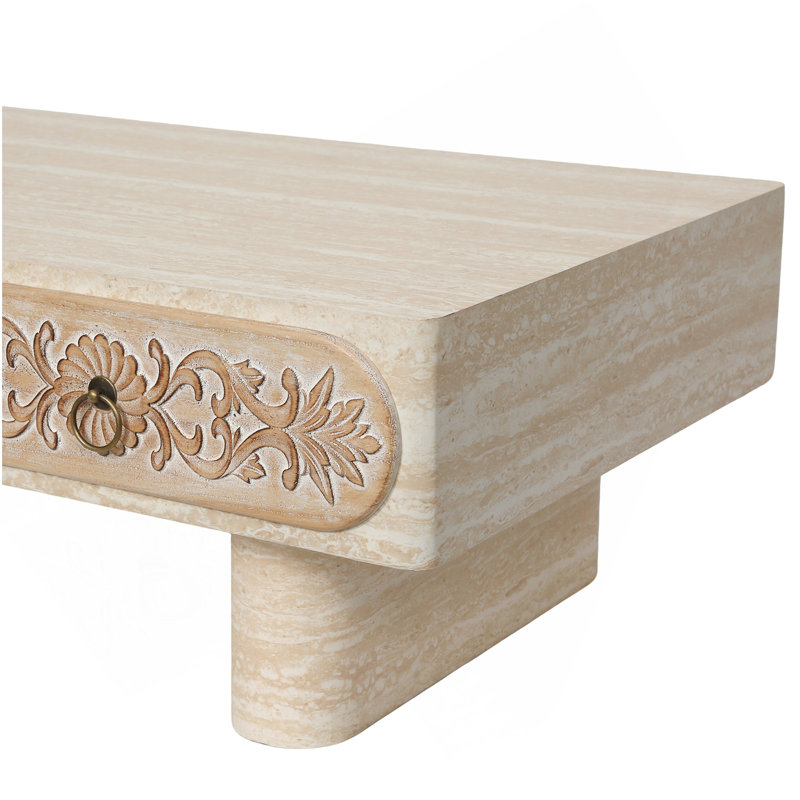 Table basse à bord arrondi avec tiroir en bois à motif floral, table basse de salon, bureau