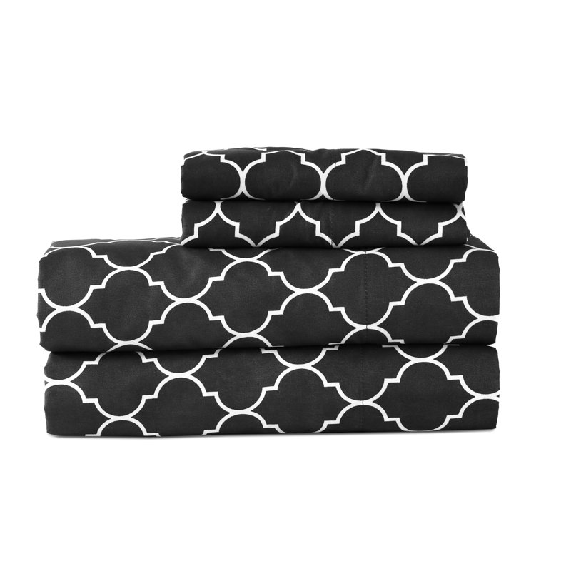 Boston Linen Co. Quatrefoil Sheet Set White Linen Co. 100% Microfiber Luxury Ultra Soft 80 GSM Quatrefoil Sheet Set, Black